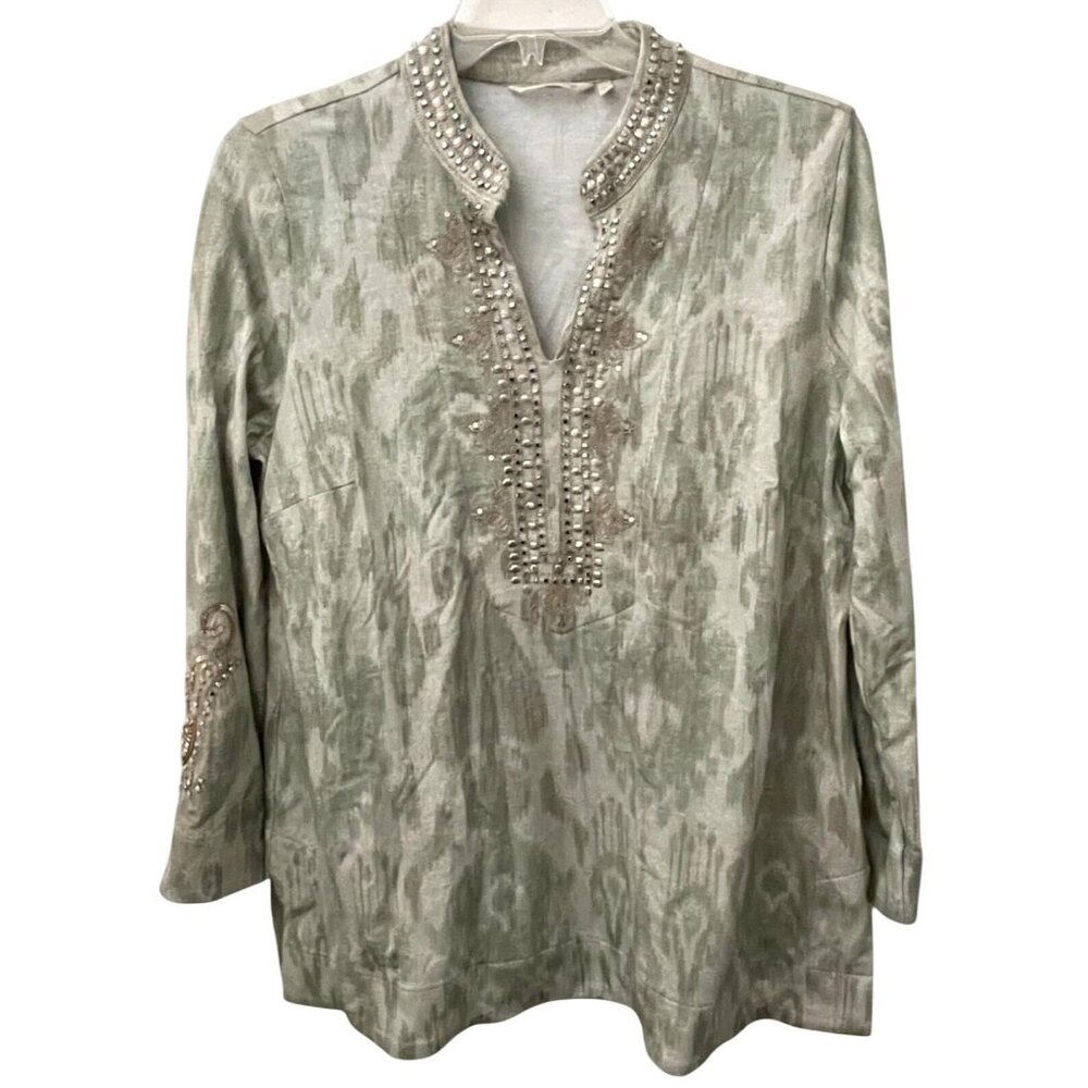 Soft Surroundings Womens Size Large Green Indah Ikat Embellished Tunic Top